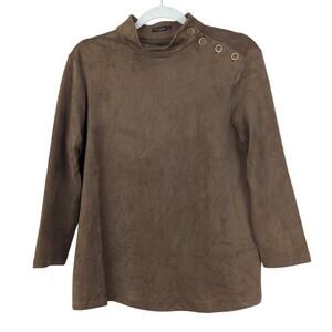 J McLaughlin Cambrie Top Faux Suede Gold Button Tan Brown Size M 3/4 Sleeves